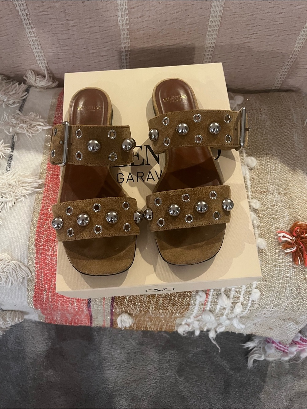 Valentino Garavani Olive Brown Suede Studded Slide Sandals